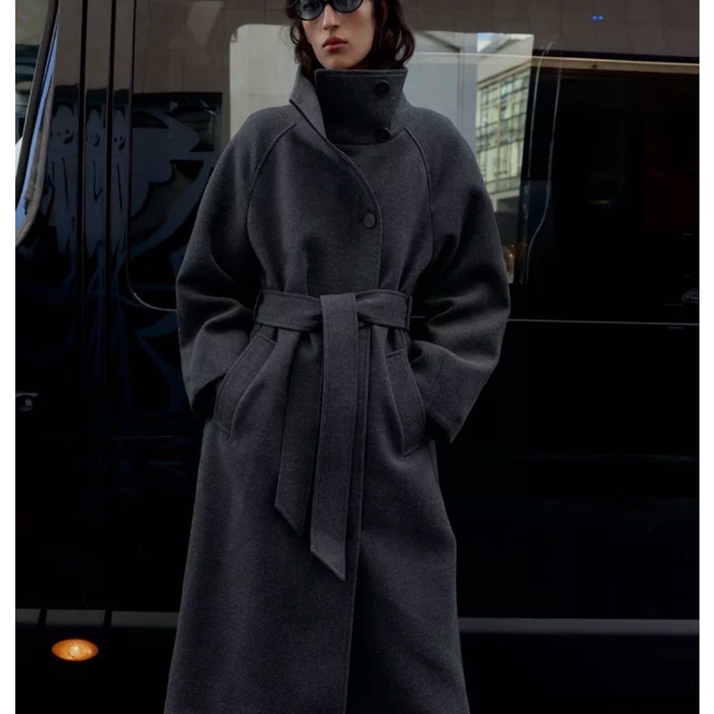 Zara Dark Gray Wool Belted Trench Coat